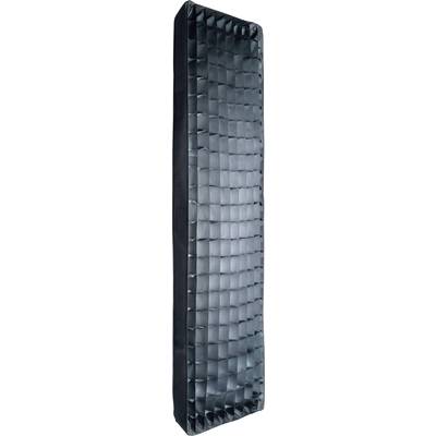 Un objet rectangulaire et haut, à la structure noire, avec un motif tissé sur sa surface.