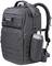 Sac à dos noir et gris avec plusieurs compartiments à fermeture éclair et une poche latérale pour bouteille, adapté aux activités de plein air.