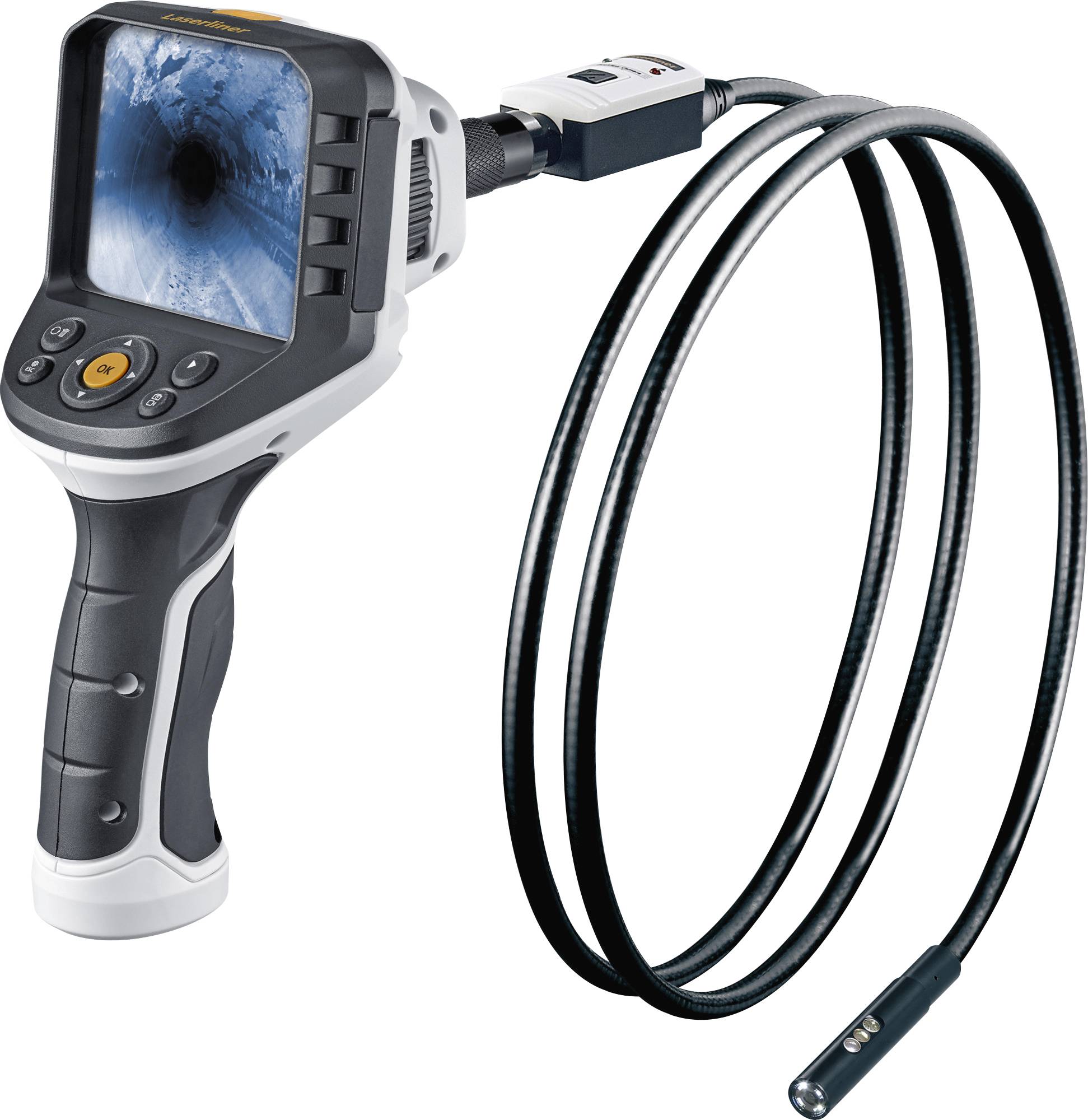Un endoscope portable pour l'inspection de zones difficiles d'accès, doté d'un câble flexible et d'un écran intégré pour l'affichage des images.