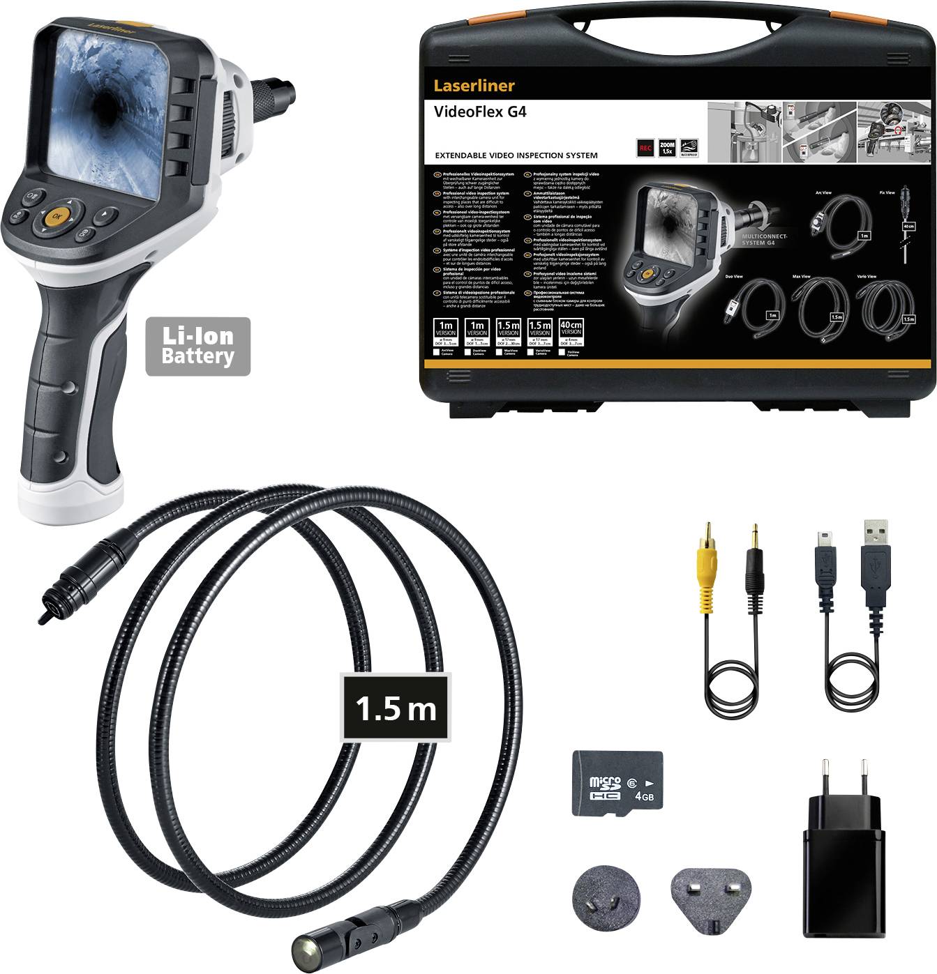 Caméra d'inspection avec écran, câble flexible (1,5 m) et accessoires. Adaptée aux inspections dans des zones difficiles d'accès.