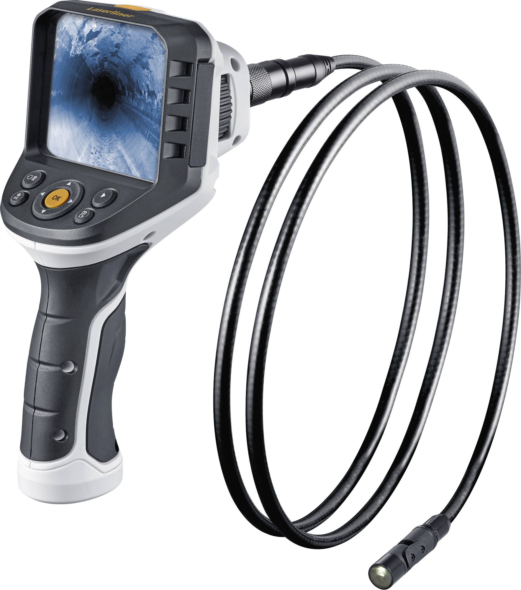 Caméra endoscopique avec câble flexible et moniteur, affichant une image bleue. Utilisée pour l'inspection de zones difficiles d'accès.