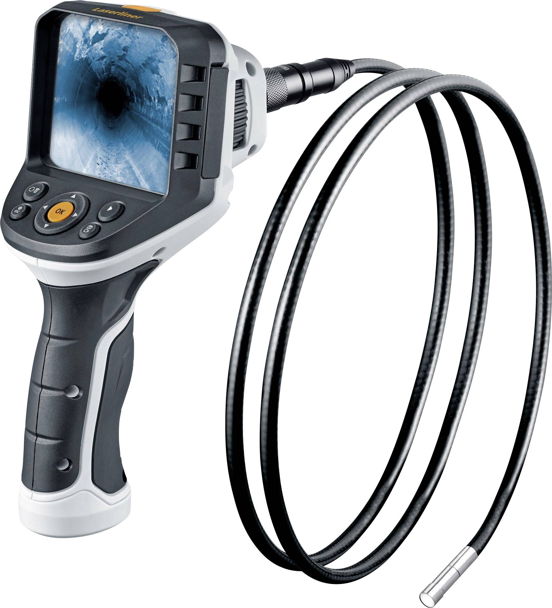 Un dispositif endoscopique à long câble et caméra, affichant une image de l'intérieur d'un tuyau sur l'écran. Adapté pour les zones d'inspection difficiles d'accès.