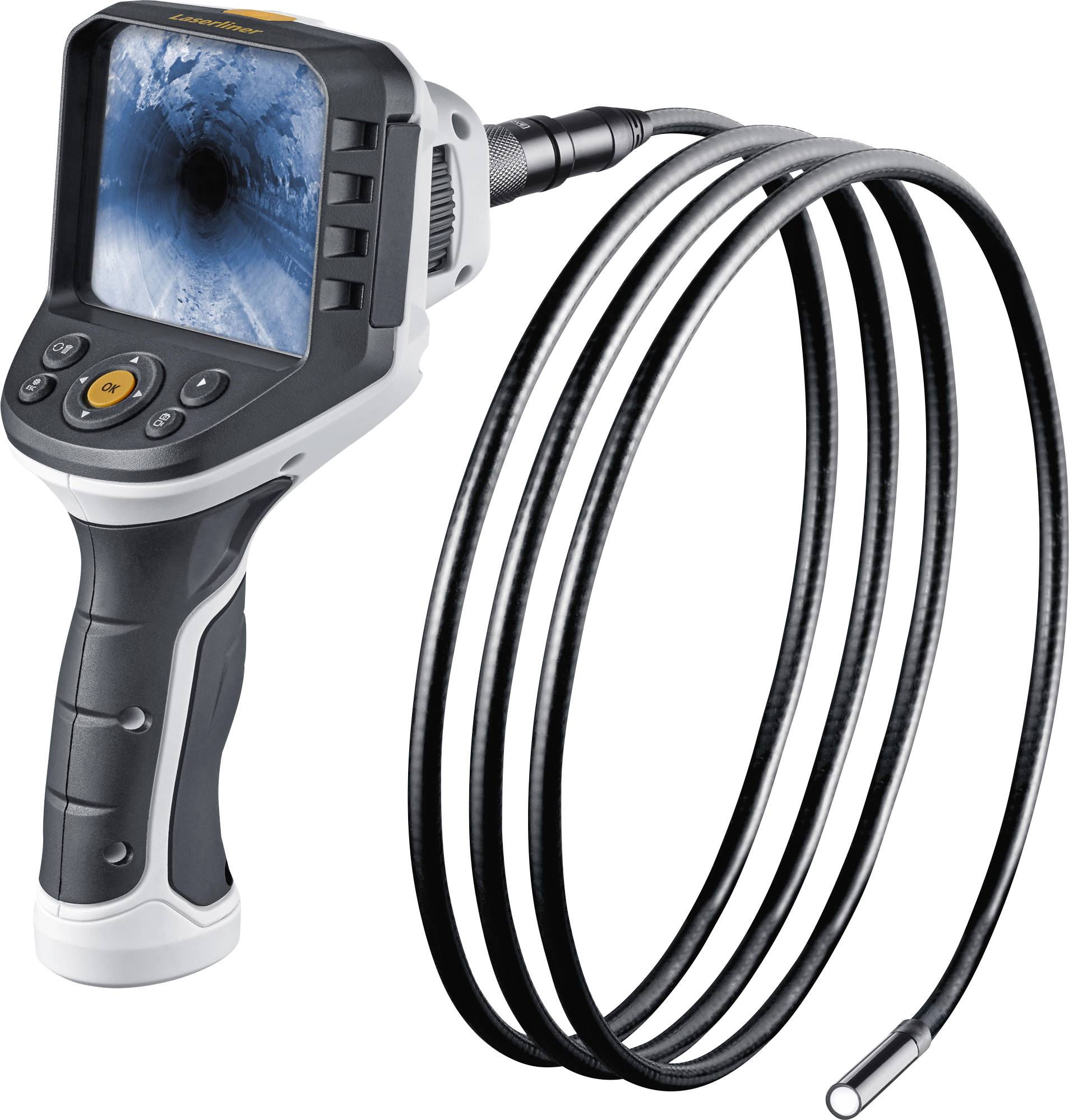 Endoscope avec sonde caméra ; affiche la vue intérieure d'un tube étroit sur l'écran. L'appareil possède un tube flexible et long.