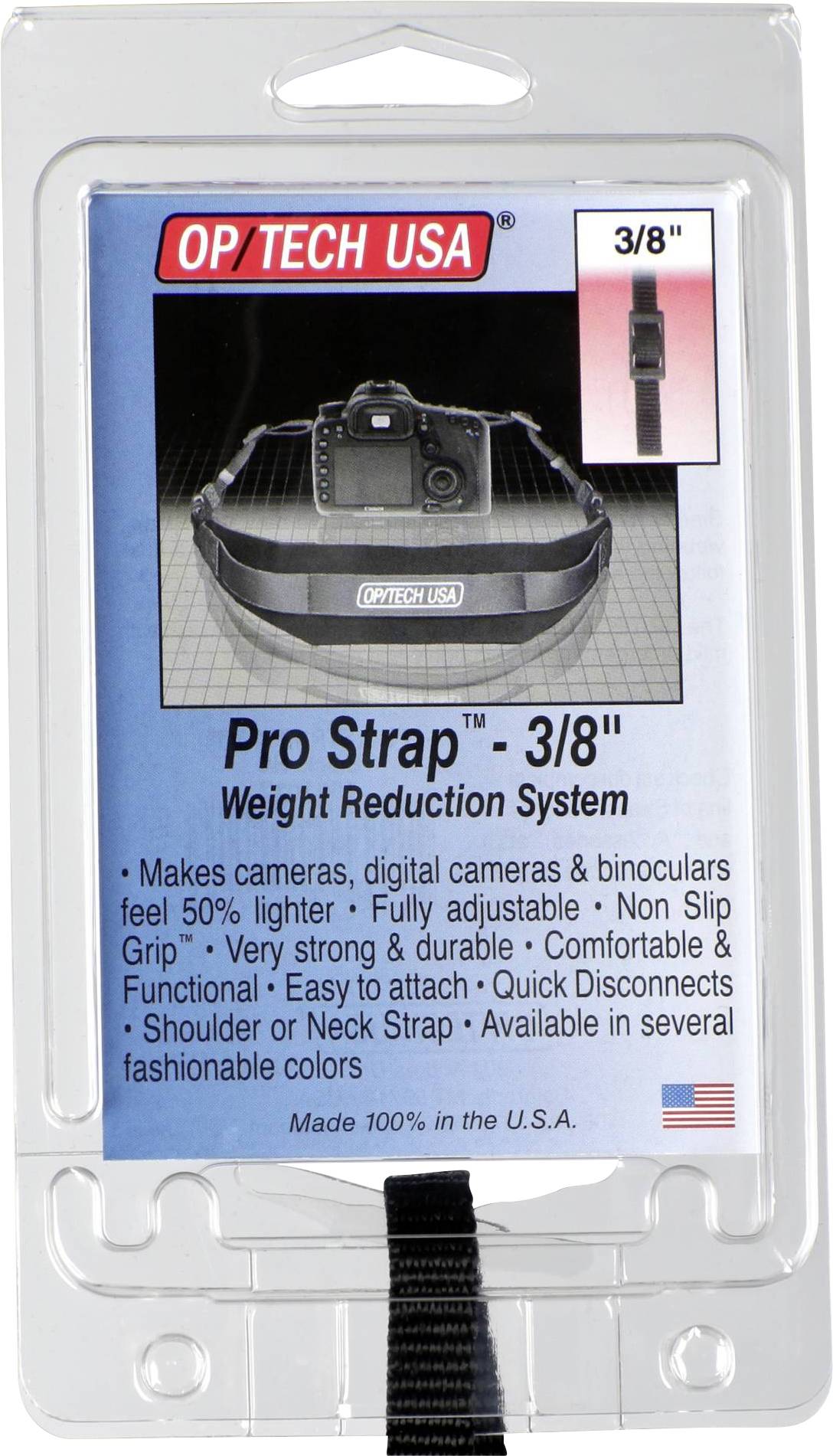 Sangle "Pro Strap 3/8"" : Une sangle pour appareil photo de OP/TECH USA conçue pour une répartition plus légère du poids. Ajustable et antidérapante, convenant aux appareils photo et jumelles. Fabriquée aux États-Unis.