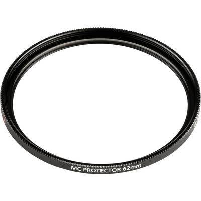 Un filtre d'objectif noir encadré portant l'inscription 'MC PROTECTOR 62mm', conçu pour protéger les objectifs de caméra.
