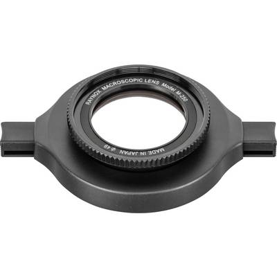 Un objectif macro Raynox, modèle M-250, avec finition noire. Vu de dessus, il repose sur un fond blanc.