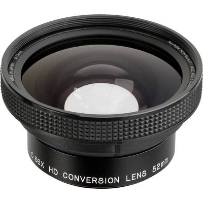 Objectif grand-angle portant l'inscription '0.66X HD Conversion Lens 52mm' sur le bord, adapté aux appareils photo pour élargir le champ de vision.