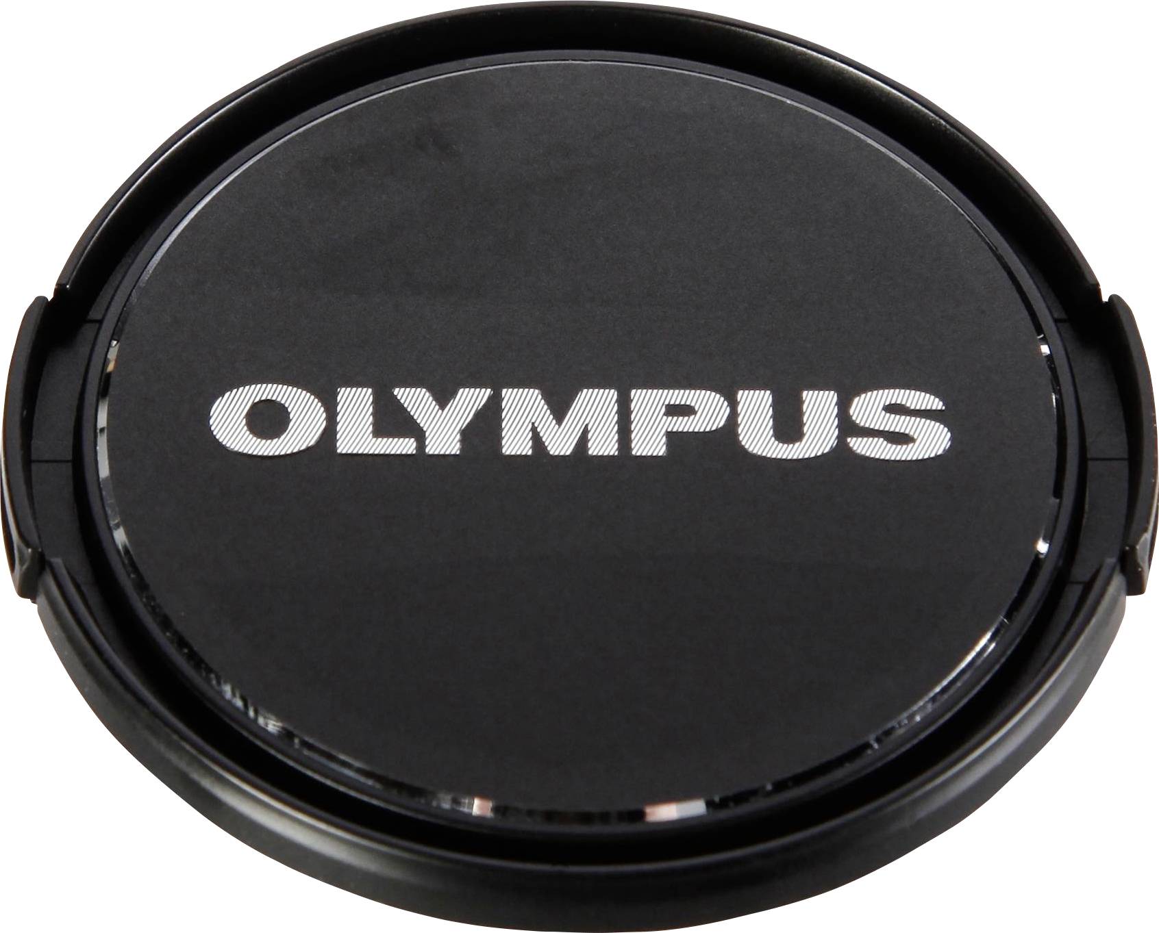 Bouchon d'objectif noir avec l'inscription blanche 'OLYMPUS' au centre.