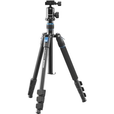 Un trépied noir avec des accents bleus et des jambes réglables. Il possède une rotule pour appareils photo. Idéal pour des prises de vue stables.