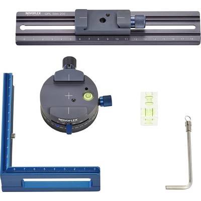 Ensemble d'équipement photographique comprenant un rail bleu, un élément rotatif circulaire, un niveau à bulle et une pièce métallique en forme de L.