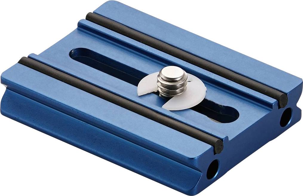 Un adaptateur rapide de caméra bleu avec une vis de fixation centrale, utilisé pour fixer des caméras sur des têtes de trépied.