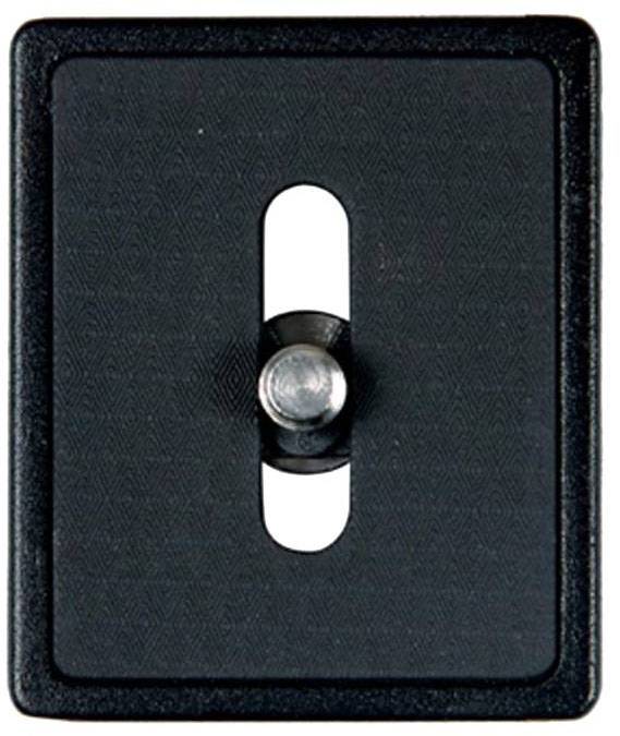 Plaque de changement rapide rectangulaire noire avec vis centrale, utilisée pour fixer des caméras sur des têtes de trépied.