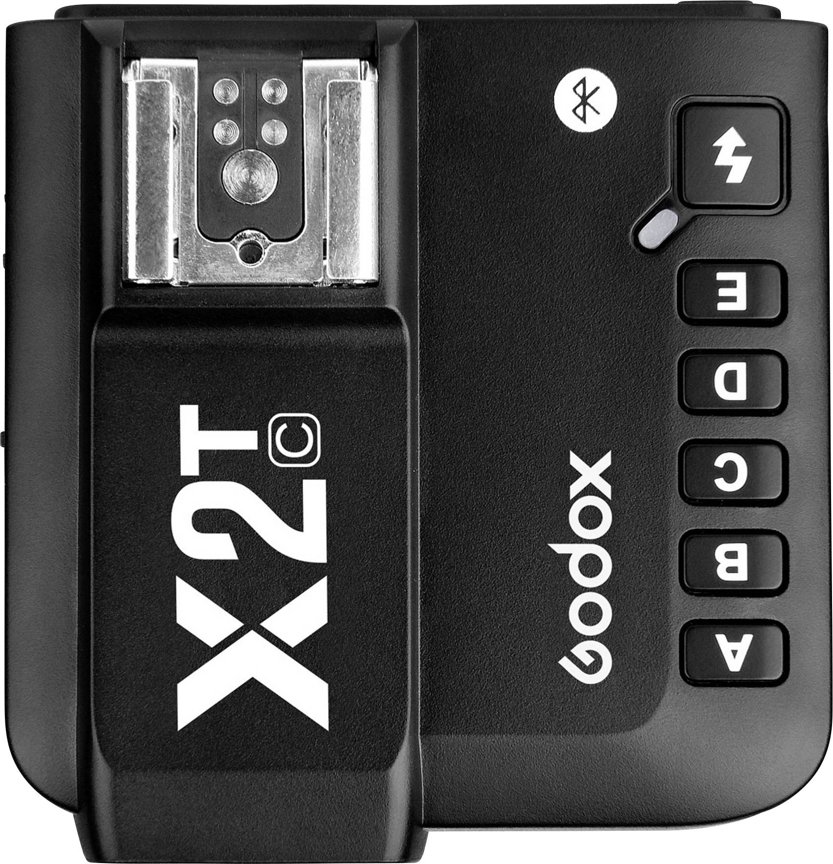 Émetteur radio avec support de sabot flash, logo de marque 'Godox', touches pour canaux A à D, symbole Bluetooth en haut à droite.