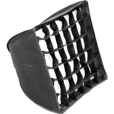 Une softbox carrée avec une grille nid d'abeille pour contrôler la lumière, en matériau noir, couramment utilisée en photographie.