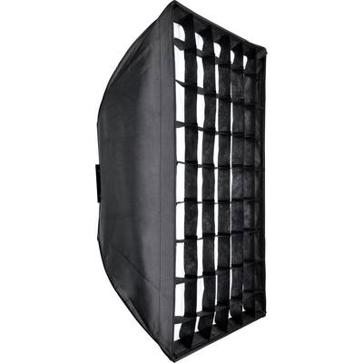 Un éclairage de studio noir rectangulaire avec boîte à lumière et grille en nid d'abeille pour un contrôle directionnel de la lumière, vu de côté.