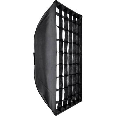 Boîte à lumière rectangulaire noire avec grille de contrôle de l'éclairage, vue de côté. Idéale pour un éclairage précis dans les studios photographiques.