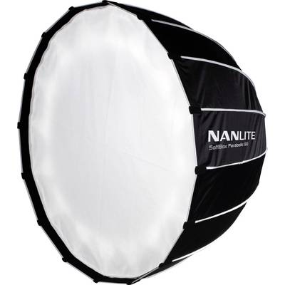 Un parapluie de boîte à lumière noir et rond pour studio photo, recouvert d'un tissu diffuseur blanc, portant l'inscription « NANLITE Softbox Parabolic 90 ».
