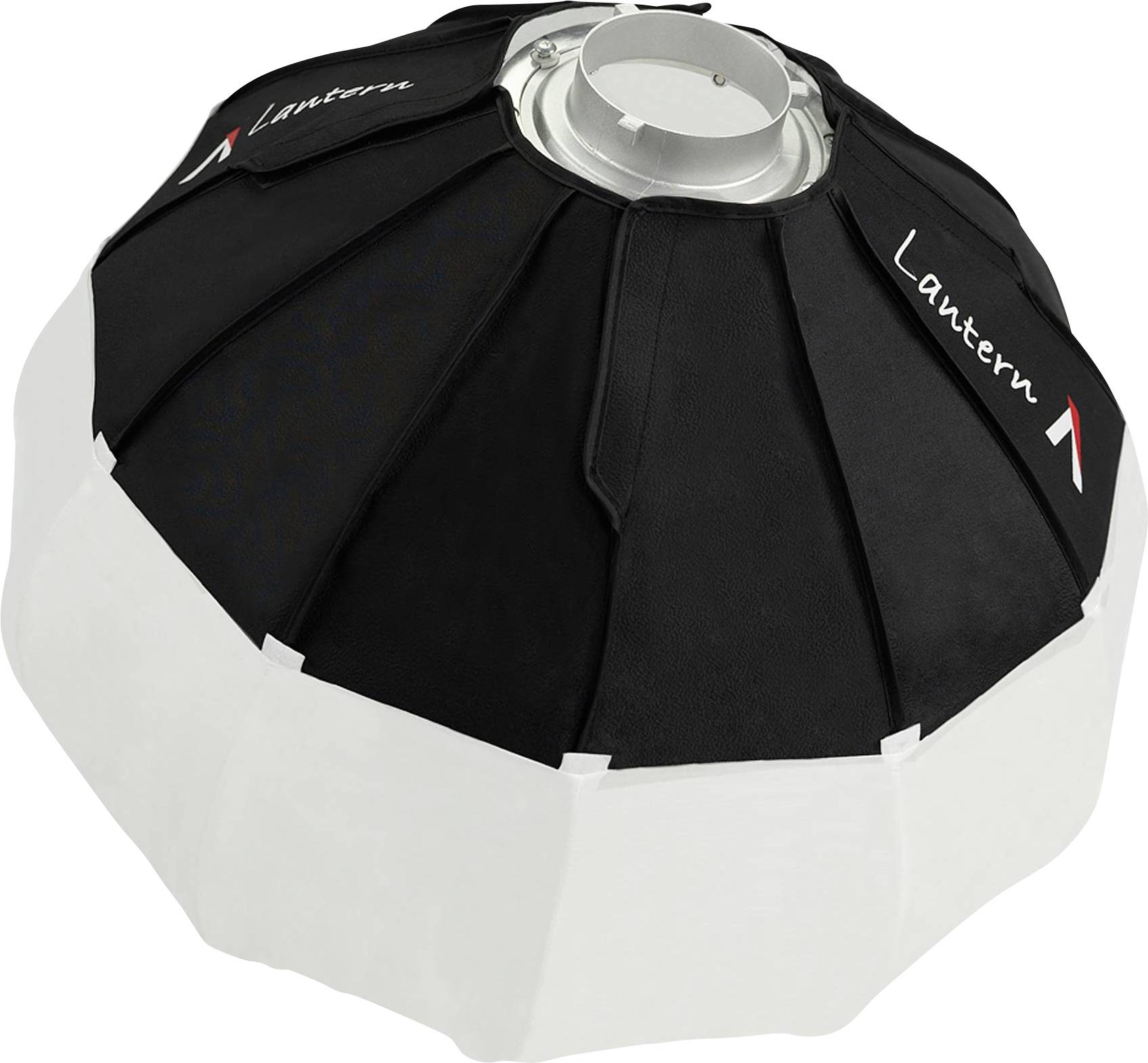 Un luminaire circulaire de lampadaire avec partie supérieure noire et partie inférieure blanche ; adapté pour une large diffusion lumineuse.