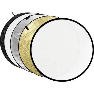 Kit réflecteur composé de cinq panneaux ronds : noir, argent, or, blanc et transparent. Utilisé pour la maîtrise de la lumière en photographie.