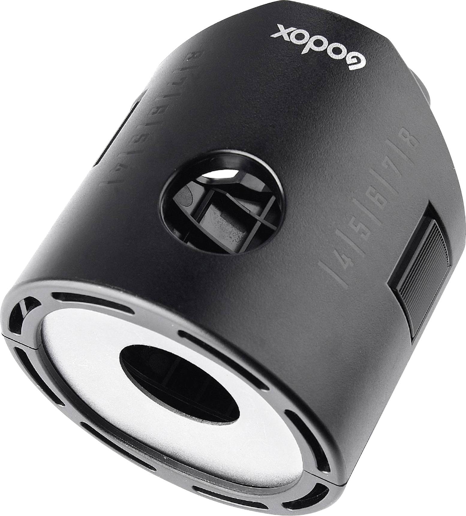 Dispositif cylindrique noir avec une extrémité argentée, portant la marque 'Godox' visible. Probablement un accessoire technique.
