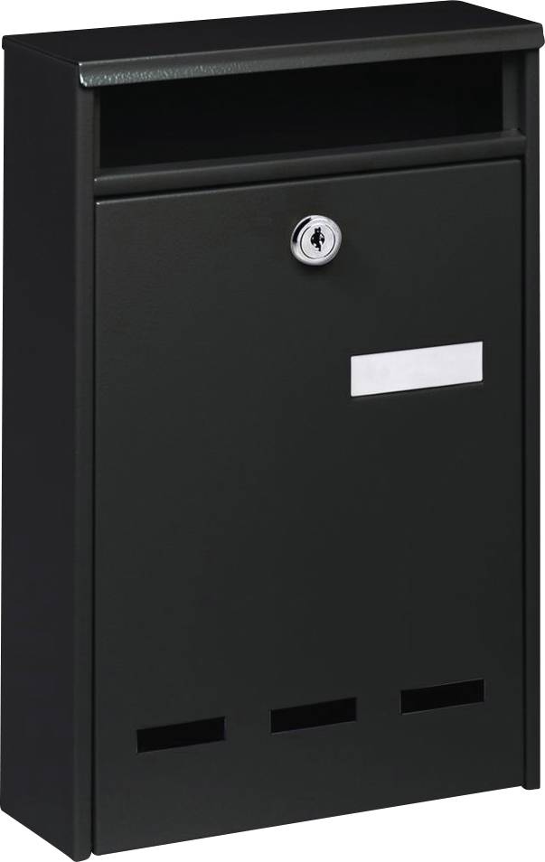 Une boîte aux lettres noire avec une fente en haut et une serrure au centre. Trois fentes de ventilation rectangulaires sont situées en bas.