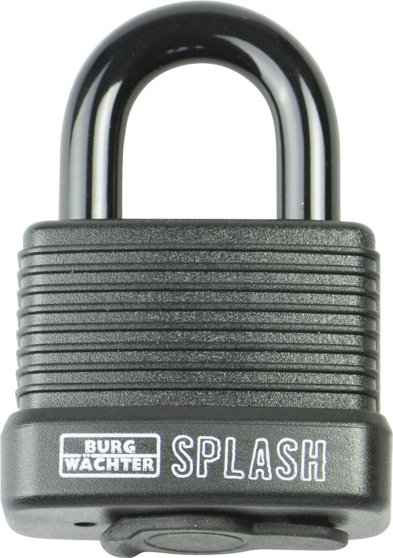 Un cadenas noir et gris portant l'inscription 'BURG WACHTER SPLASH' sur sa face avant.