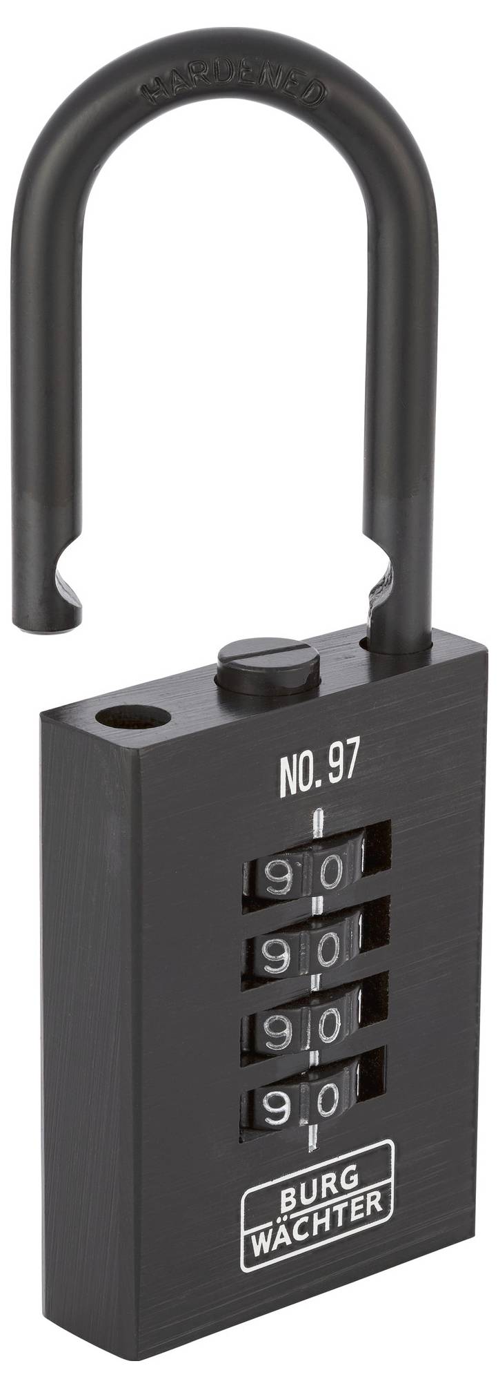 Un cadenas à code noir avec l'étrier ouvert. Quatre disques de numérotation, tous réglés sur '0'. Marque 'Burg Wächter'.