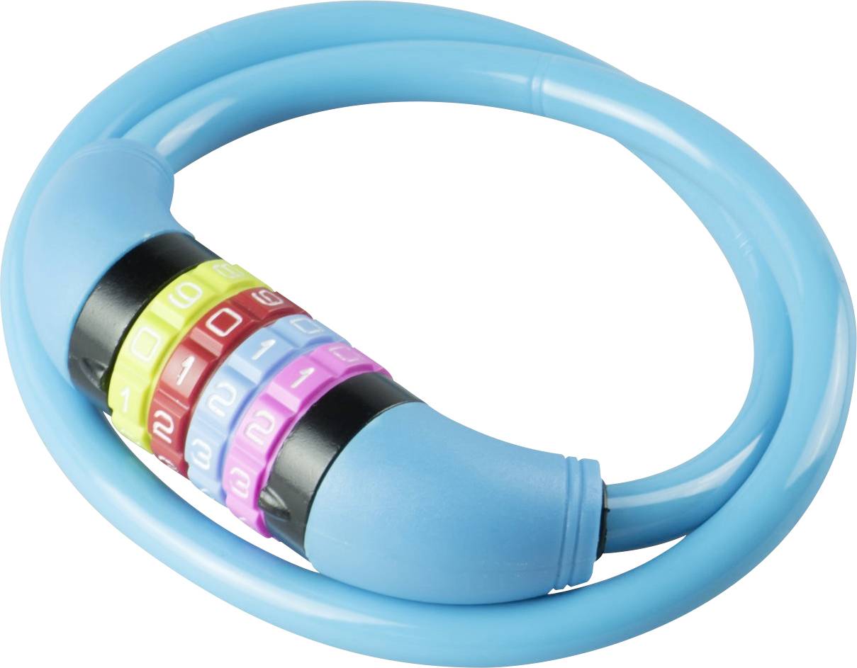 Un cadenas de vélo bleu avec un mécanisme à combinaison. Le cadenas possède des anneaux de chiffres colorés en jaune, bleu, rose et vert pour la combinaison de sécurité.