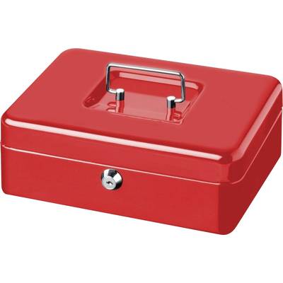 Caisse d'argent rouge avec une poignée de transport et un verrou à l'avant, vide et fermée.