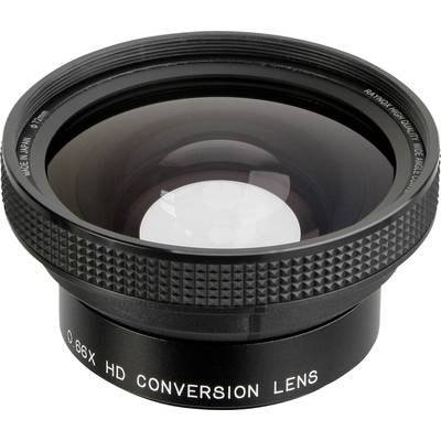 Lentille de conversion pour caméra portant l'inscription « 0,66X HD Conversion Lens », posée sur une surface plane. Elle met en valeur la polyvalence des accessoires d'objectif.