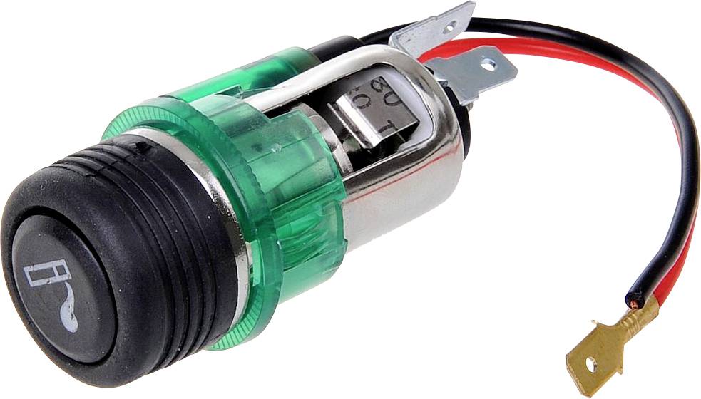 Allume-cigare électrique avec boîtier vert et bouton noir, symbole de cigarette imprimé.