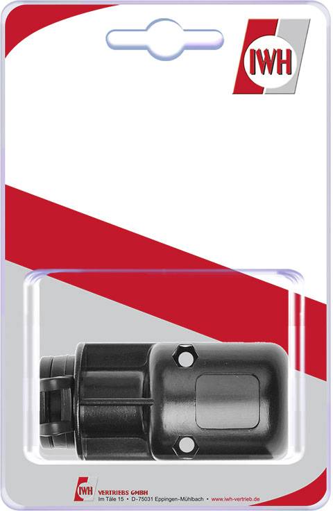 Emballage contenant une pièce rectangulaire noire en plastique à l'intérieur, sur un fond rouge et blanc. Logo 'IWH' en haut.