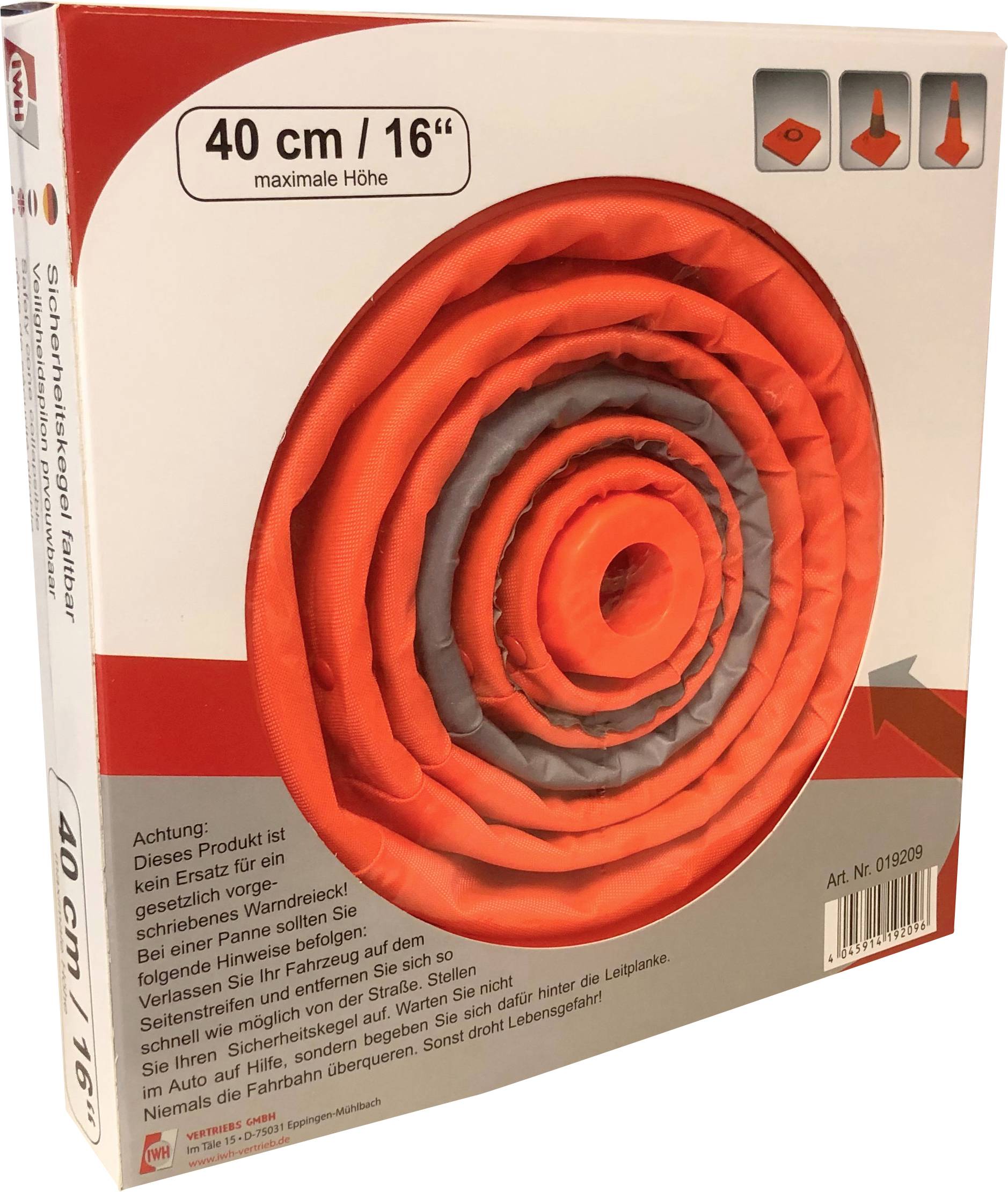 L'emballage présente un cône de signalisation orange pliable, d'une hauteur maximale de 40 cm. Des avertissements et la description du produit sont imprimés sur l'emballage.