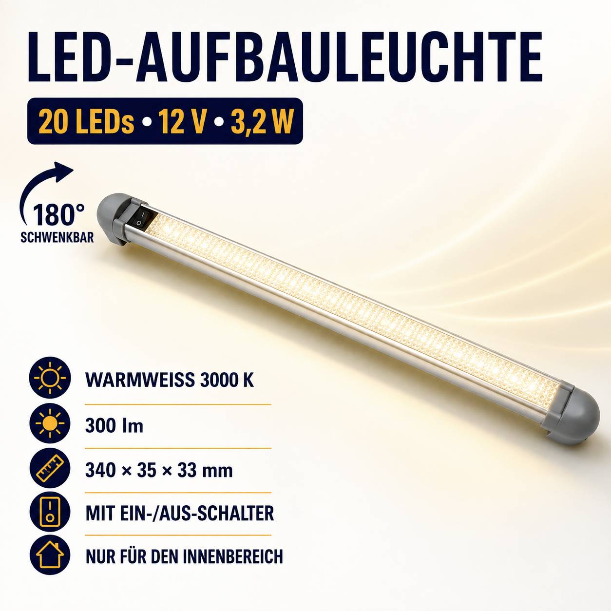 IWH Lampe LED pour habitacle 19301 LED 12 V (L x l x H) 340 x 33 x 35 mm inclinable