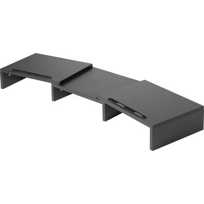 Un support de moniteur en bois noir à trois niveaux, utilisé pour positionner un écran à une hauteur surélevée sur un bureau.