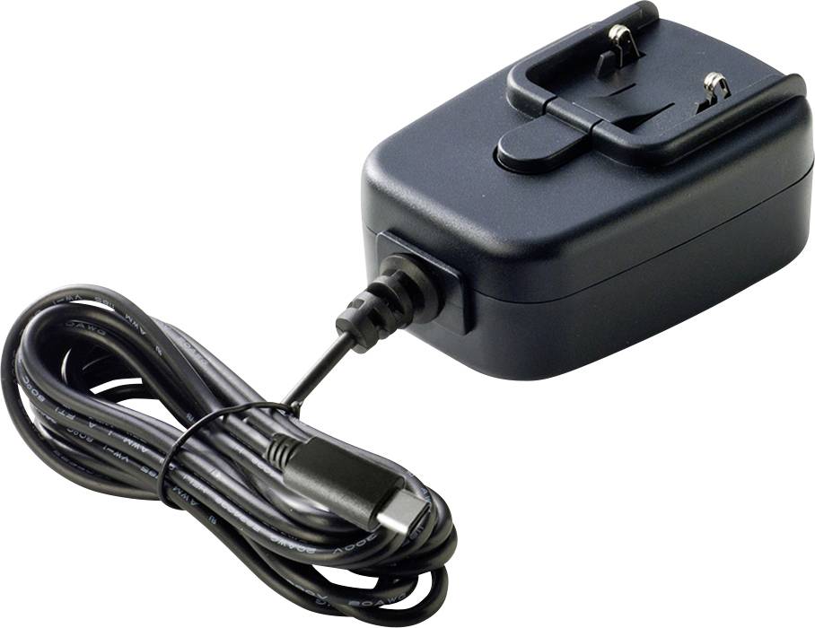 Un bloc d'alimentation noir avec adaptateur de fiche amovible et long câble.