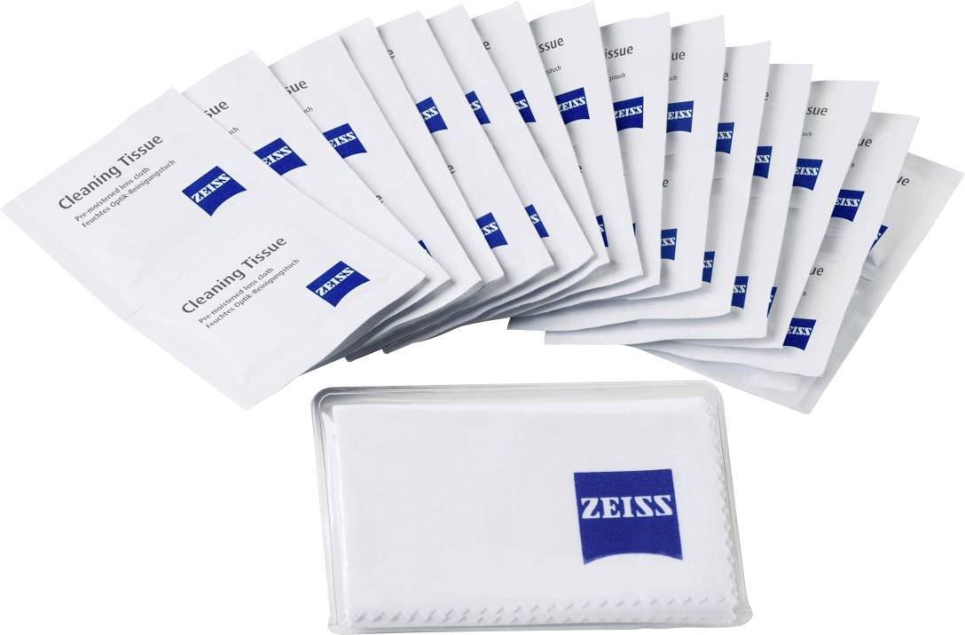 Un lot de lingettes de nettoyage ZEISS avec un étui en plastique. Idéal pour nettoyer les lunettes ou les lentilles optiques.