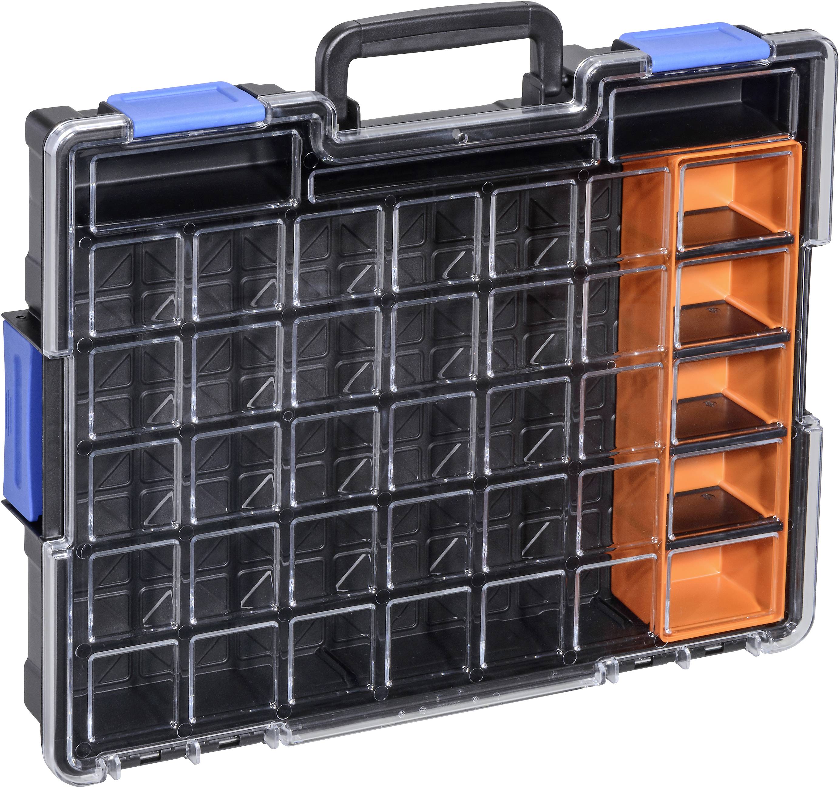 Une boîte à outils noire avec un couvercle transparent, des fermetures bleues et plusieurs petits compartiments oranges sur le côté droit.