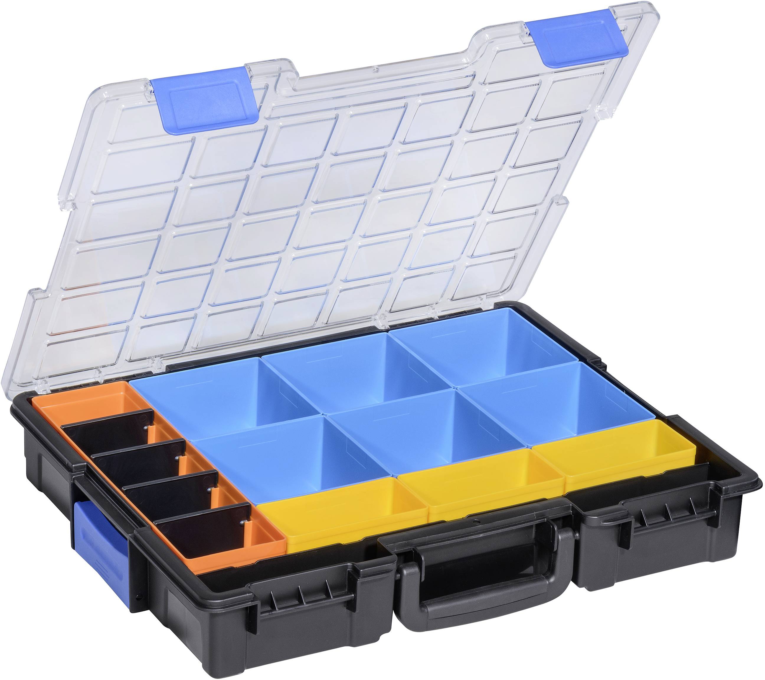 Un casier de rangement ouvert en plastique avec plusieurs compartiments de différentes couleurs, conçu pour le stockage de petits objets.