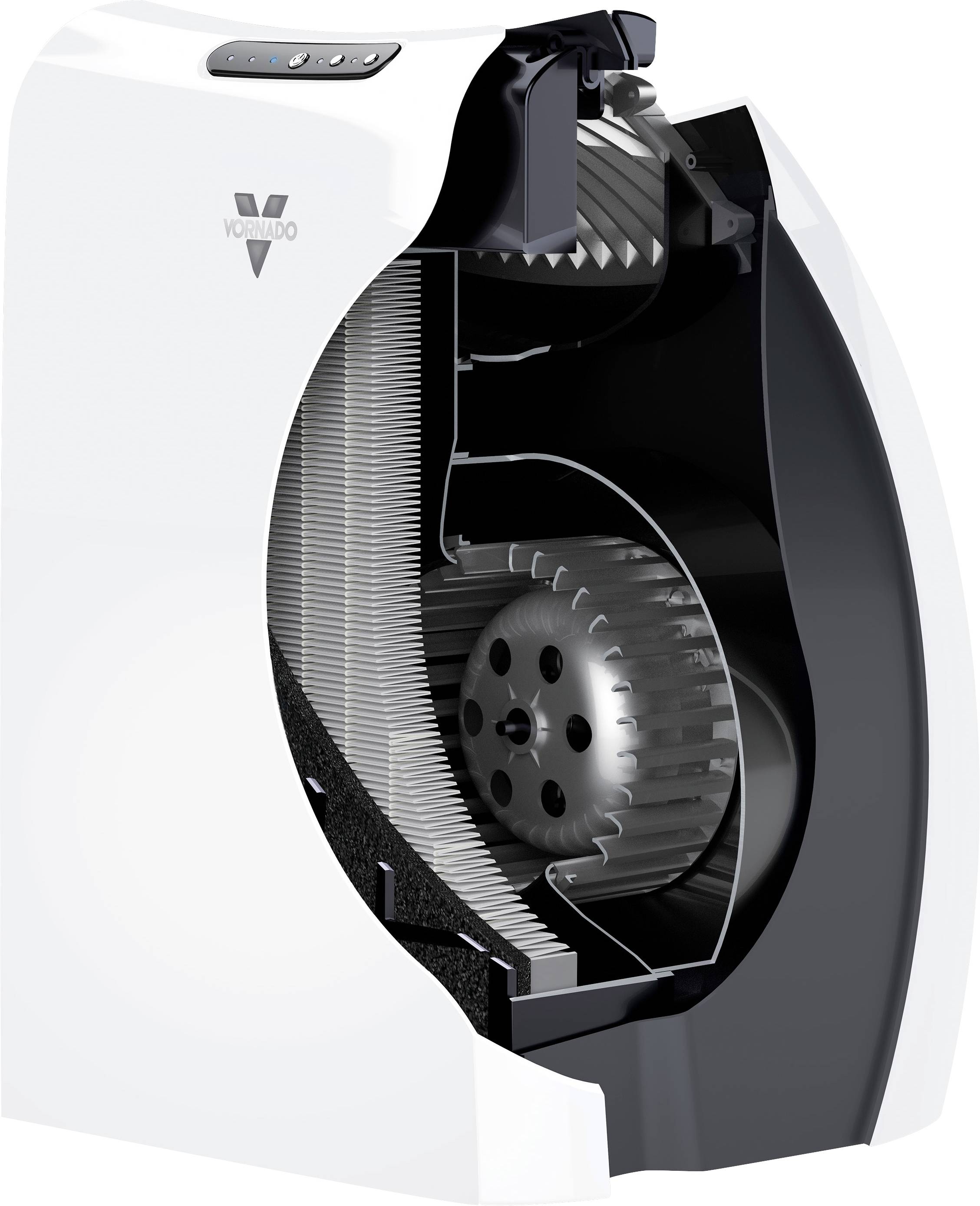 Un humidificateur blanc avec une coupe transparente révélant son intérieur. Les composants visibles sont un ventilateur et une structure de filtration.