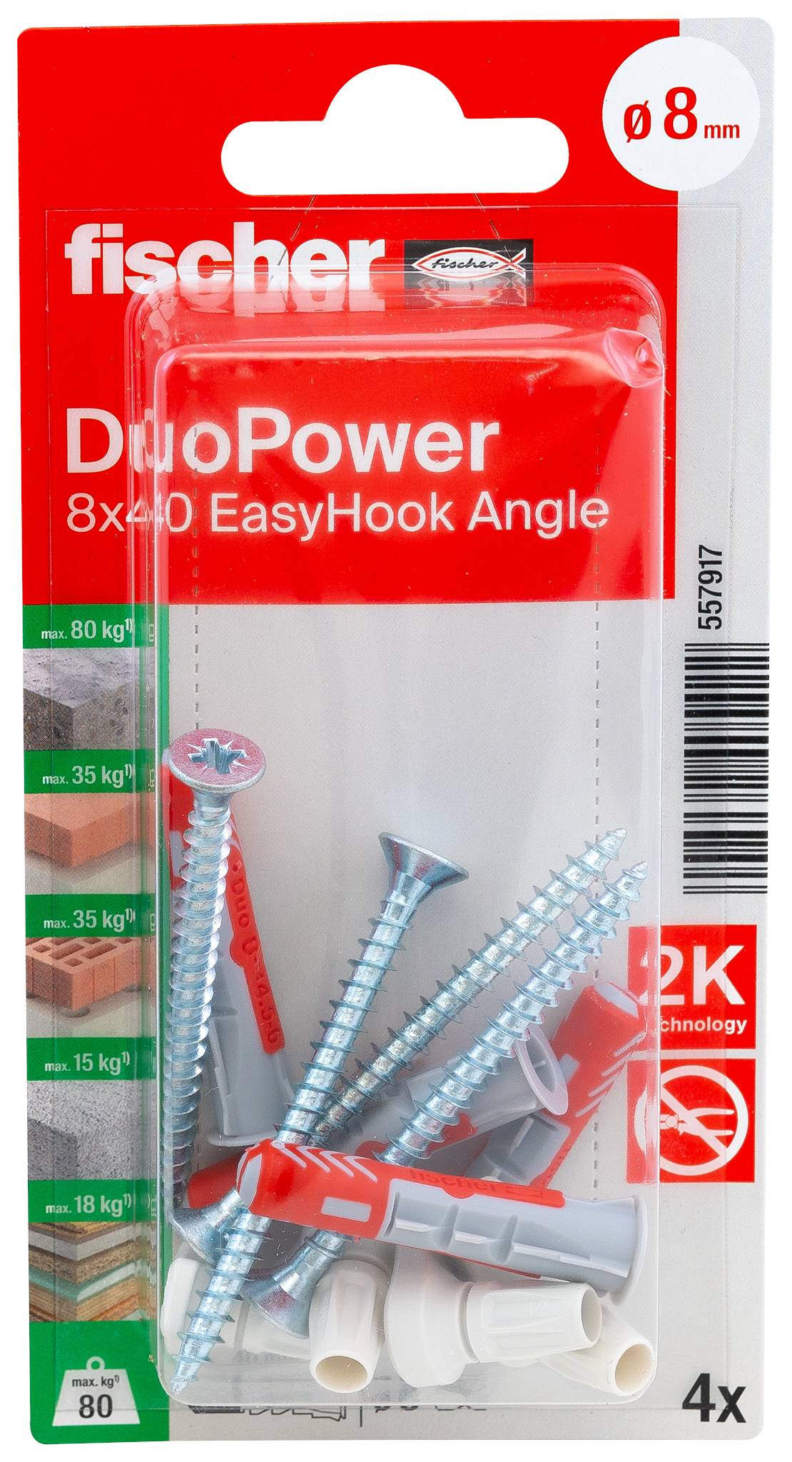 Fischer DuoPower 8x40 EasyHook Angle K (4) Assortiment de chevilles 557917 1 set