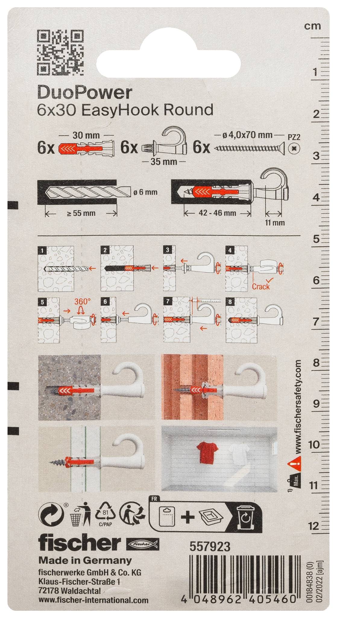 Une image montre un cheville rouge et argentée avec sa vis correspondante. Le nom du produit 'fischer' est gravé sur la cheville.