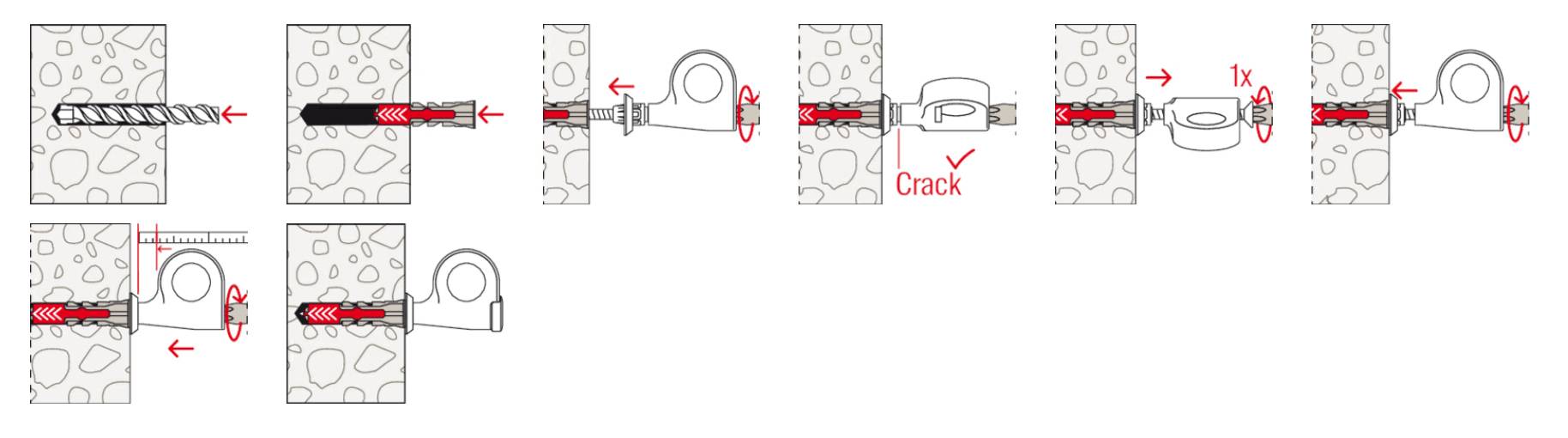 L'image présente un guide détaillé étape par étape pour l'installation d'un goujon dans un mur en béton, comprenant le forage, l'insertion et la fixation.