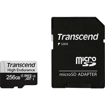 Carte microSD Transcend High Endurance 256 Go à côté d'un adaptateur microSD.