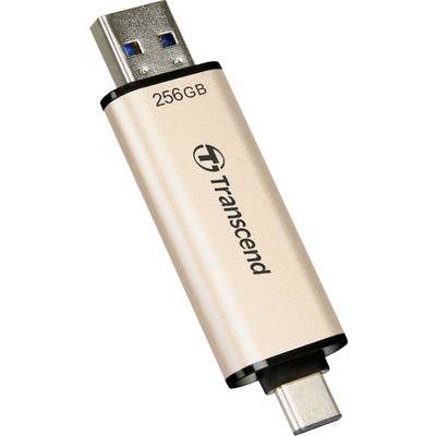 Clé USB Transcend de 256 Go, coloris or, avec ports USB-A et USB-C.