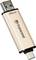 Clé USB Transcend de 256 Go, coloris or, avec ports USB-A et USB-C.
