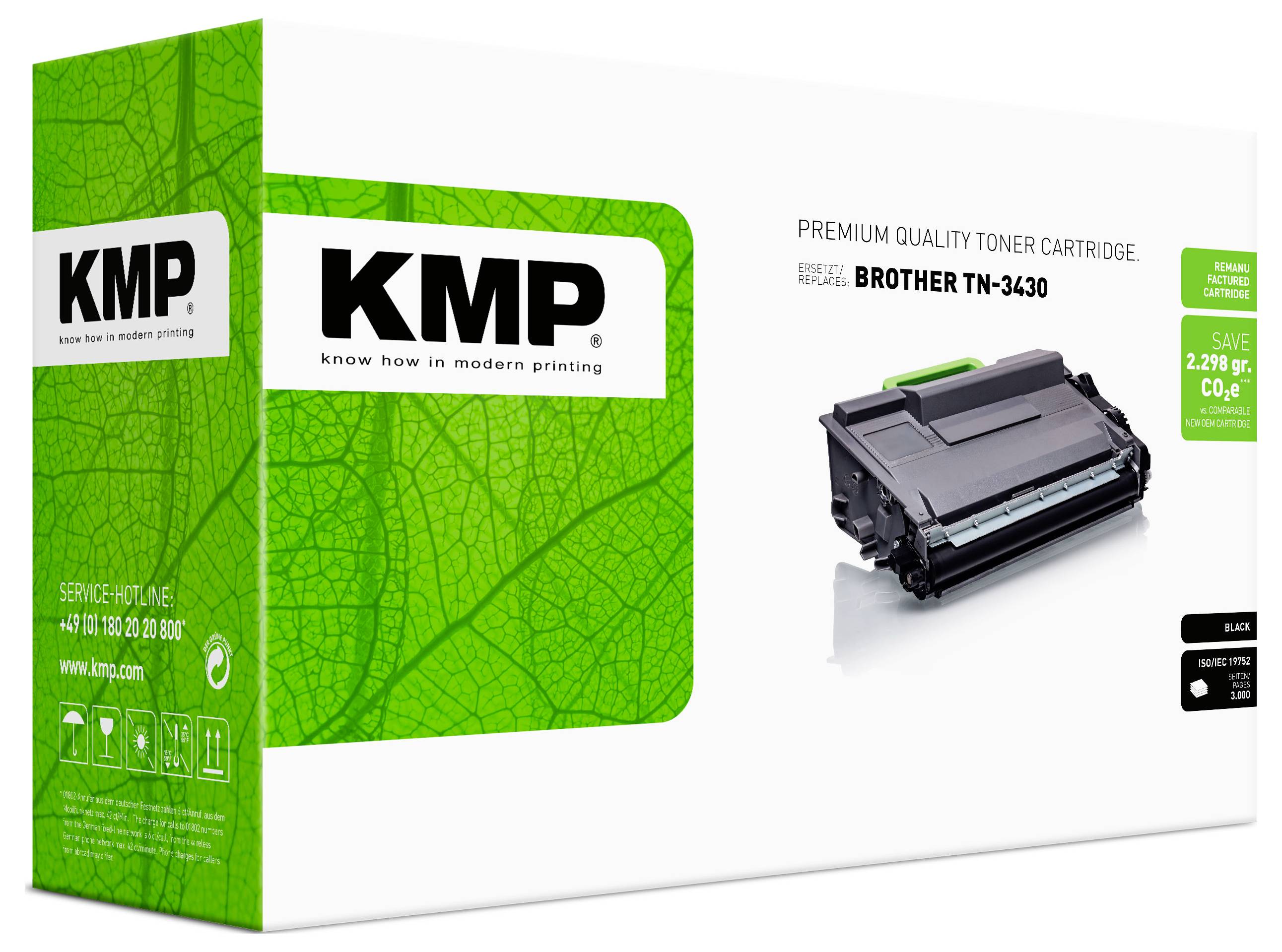 Cartouche de toner de qualité supérieure KMP pour Brother TN-3430, présentée avec un design de boîte verte et l'image du produit de cartouche.