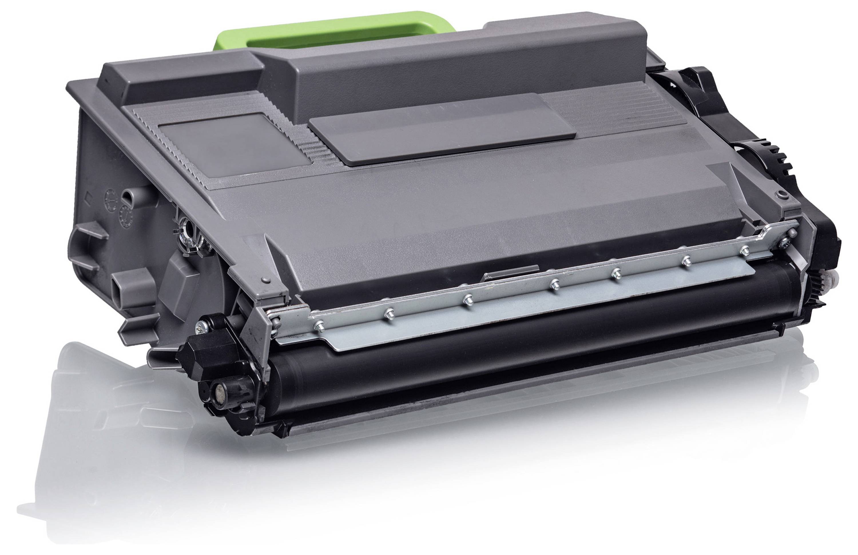 Cartouche de toner pour imprimante noire avec poignée verte sur fond blanc