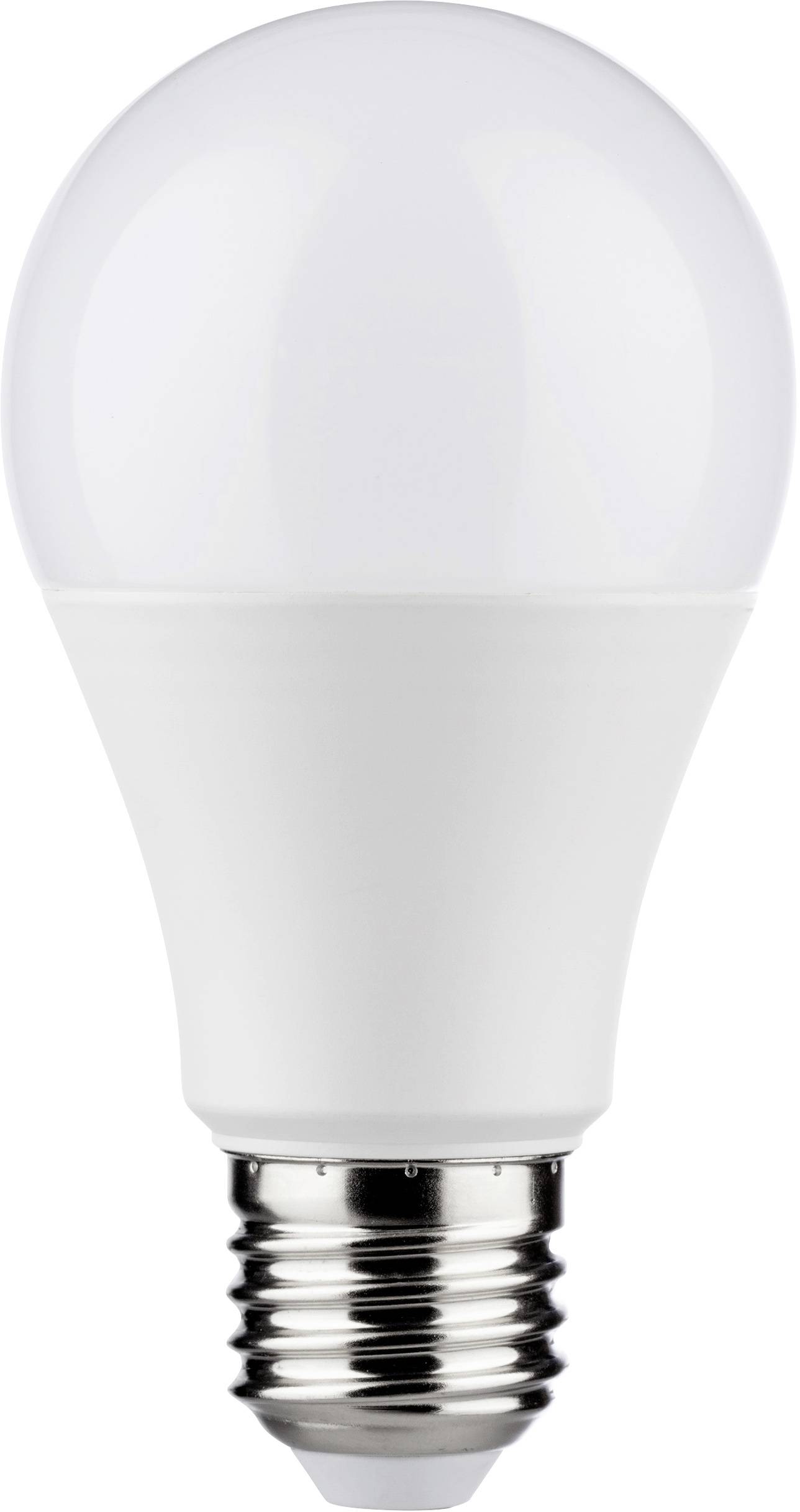 Ampoule LED blanche avec fixation à vis argentée, sur un fond neutre.