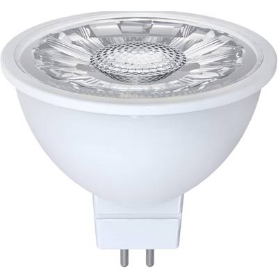 Spot LED blanc avec douille bipolaire GU5.3, adapté pour un éclairage directionnel dans les plafonniers ou les projecteurs.